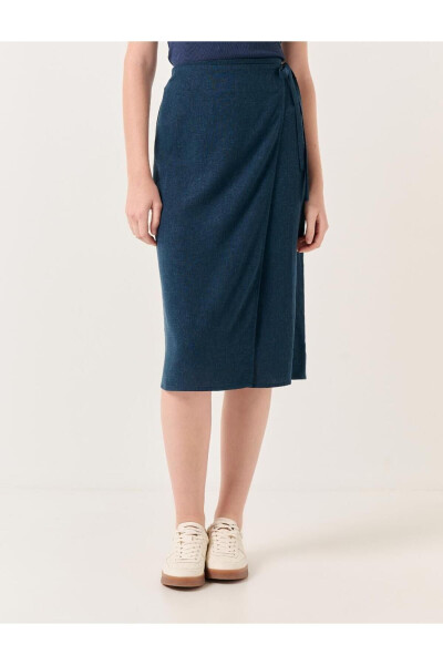 Navy Blue High Waisted Slit Midi Linen Skirt - 23