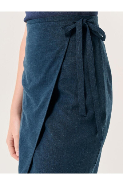 Navy Blue High Waisted Slit Midi Linen Skirt - 14