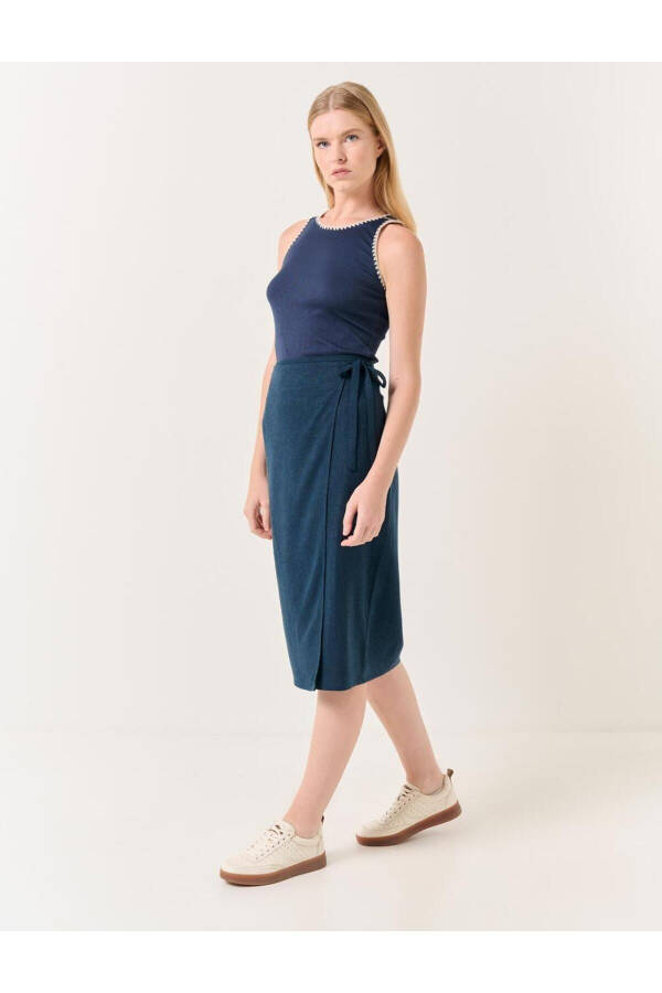 Navy Blue High Waisted Slit Midi Linen Skirt - 15