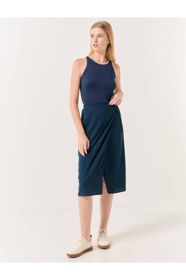 Navy Blue High Waisted Slit Midi Linen Skirt - 7