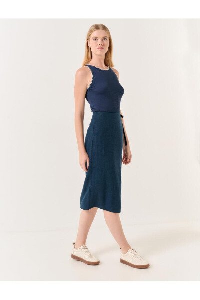 Navy Blue High Waisted Slit Midi Linen Skirt - 28