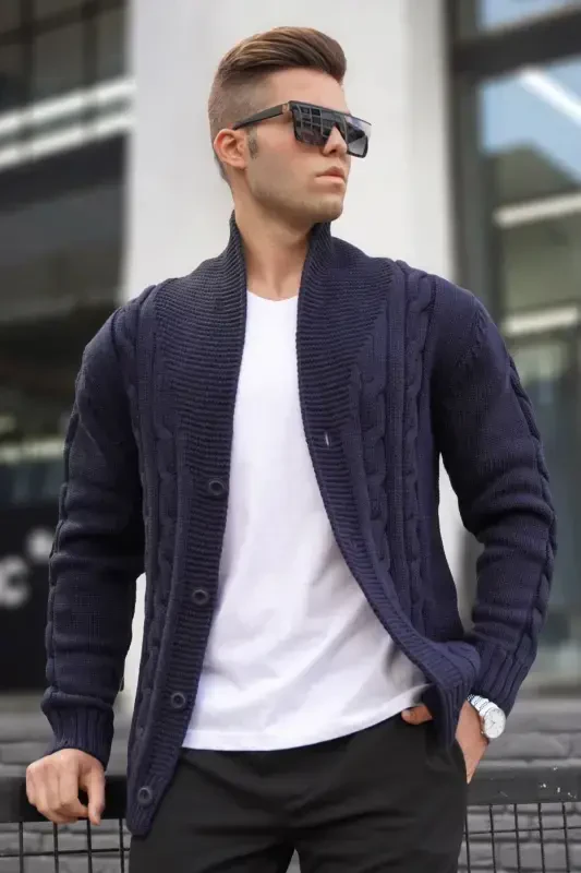 Navy Blue Knitted Cardigan 9053-Navy Blue - 1