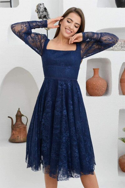 Navy Blue Lace Square Neck Engagement Dress - 1