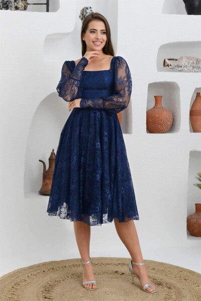 Navy Blue Lace Square Neck Engagement Dress - 2