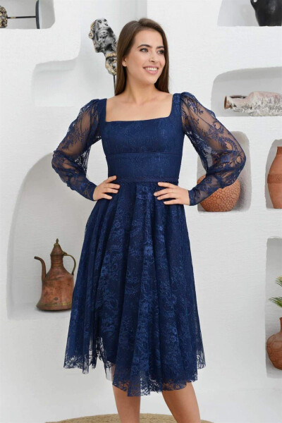 Navy Blue Lace Square Neck Engagement Dress - 3