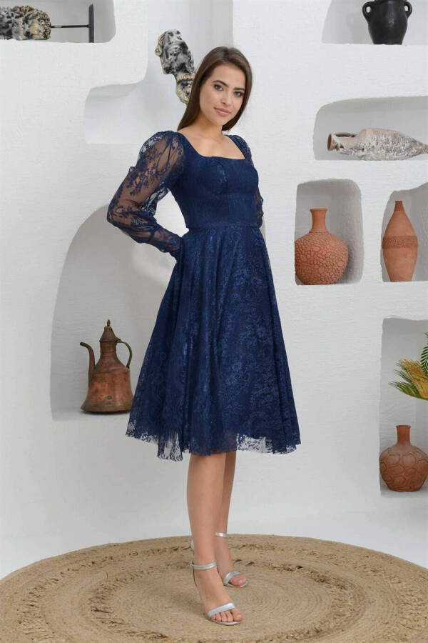 Navy Blue Lace Square Neck Engagement Dress - 4