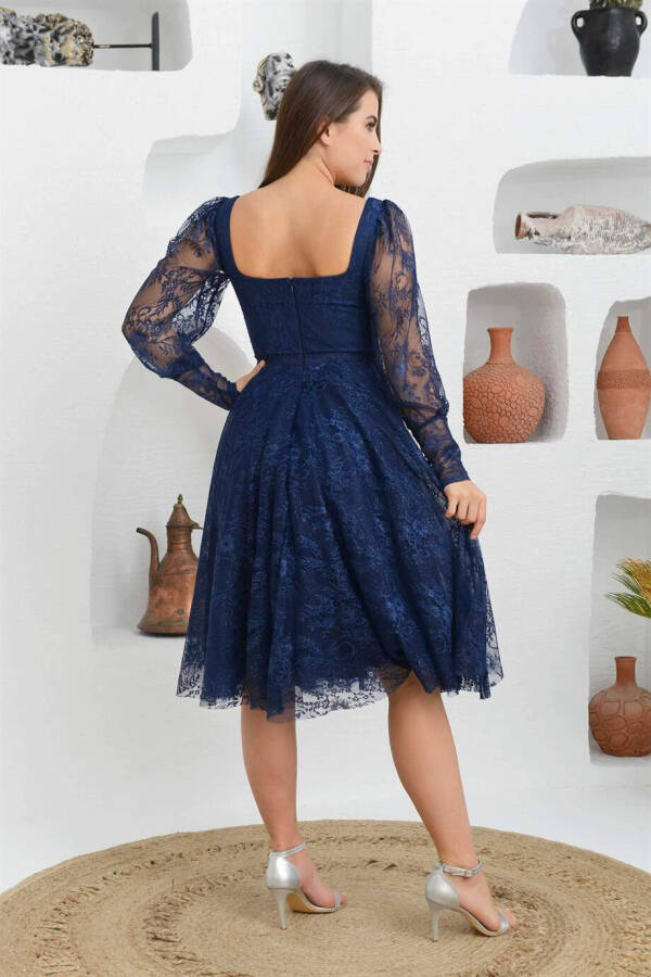 Navy Blue Lace Square Neck Engagement Dress - 11