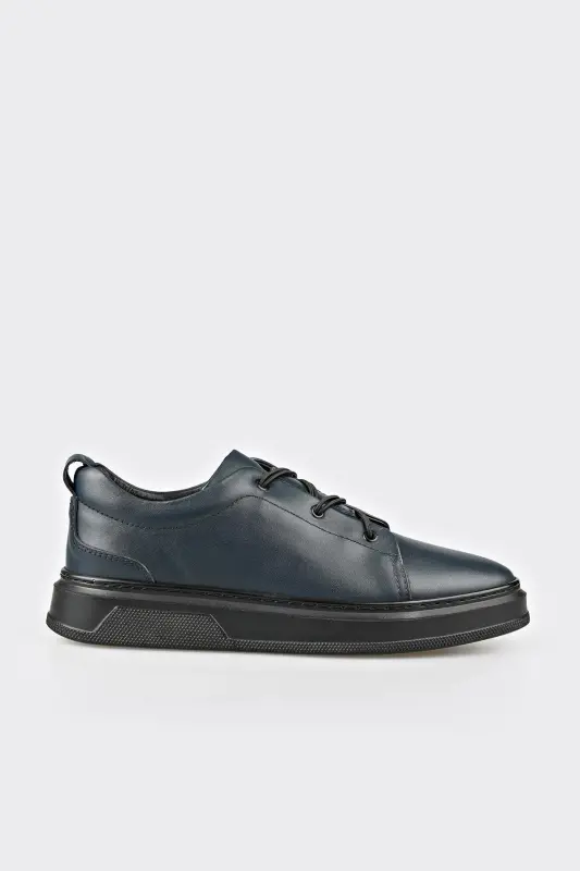 Navy Blue Leather Men's Casual Shoes - Navy Blue - 2