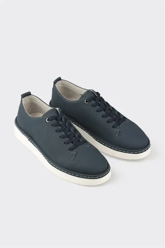 Navy Blue Leather Men's Daily Shoes - 2