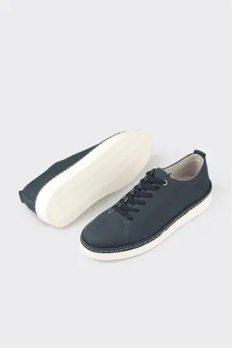 Navy Blue Leather Men's Daily Shoes - 3