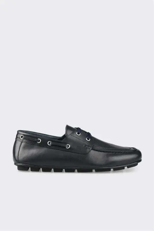 Navy Blue Leather Men's Daily Shoes - 1