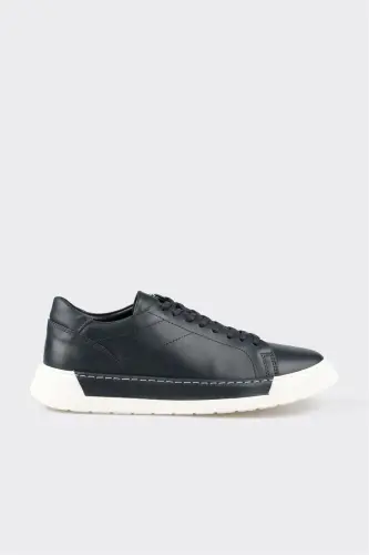 Navy Blue Leather Men's Daily Shoes - 1