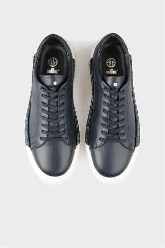 Navy Blue Leather Men's Daily Shoes - 4