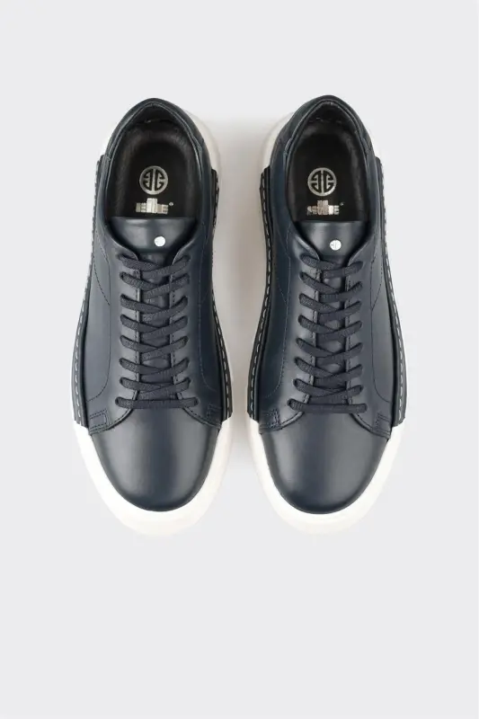 Navy Blue Leather Men's Daily Shoes - 4