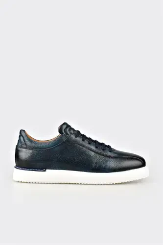 Navy Blue Leather Men's Daily Shoes - 1