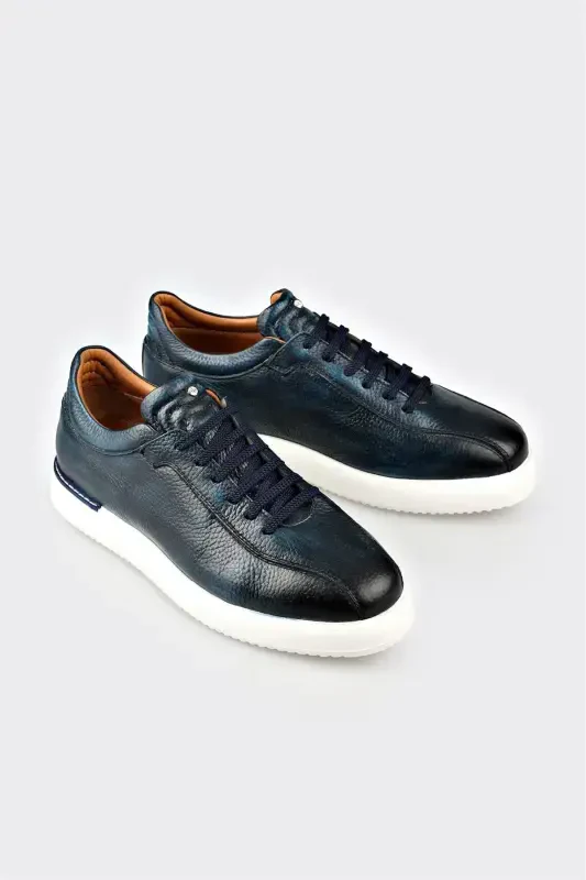 Navy Blue Leather Men's Daily Shoes - 2