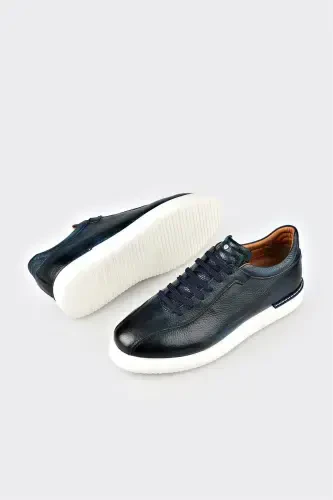 Navy Blue Leather Men's Daily Shoes - 3