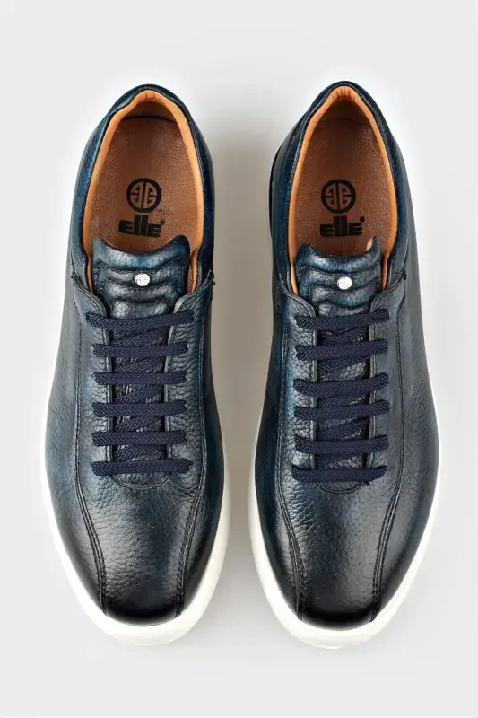 Navy Blue Leather Men's Daily Shoes - 4