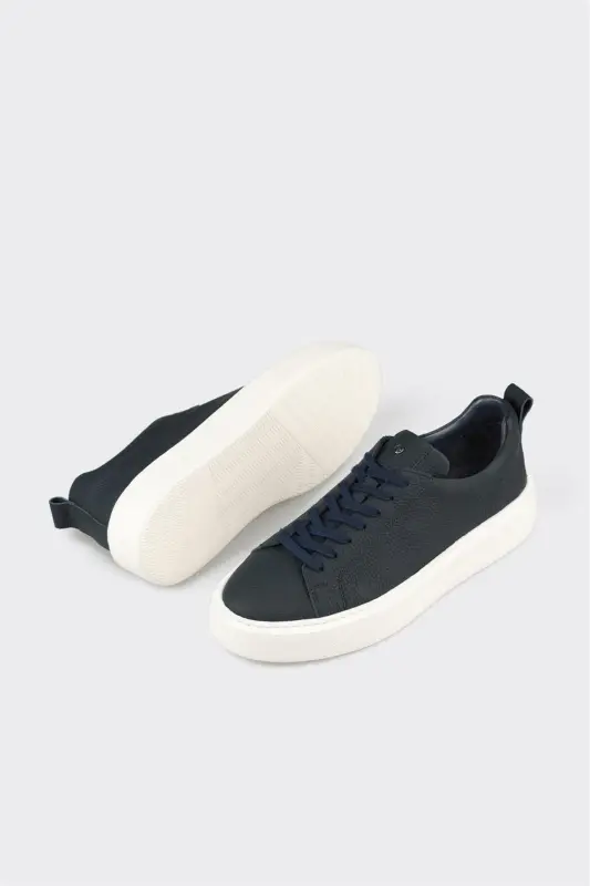 Navy Blue Leather Men's Sneakers - 3