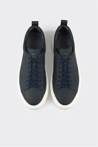 Navy Blue Leather Men's Sneakers - 4