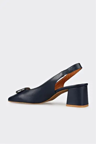 Navy Blue Leather Women's High Heels - 3