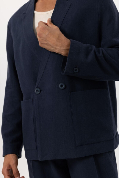 Navy Blue Linen Blend Double-Breasted Buttoned Men's Blazer Jacket - 17