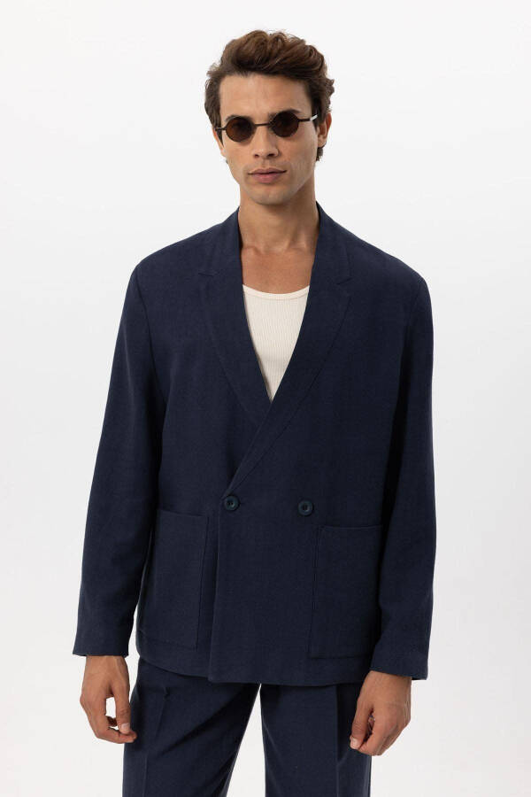 Navy Blue Linen Blend Double-Breasted Buttoned Men's Blazer Jacket - 8