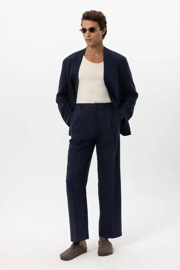 Navy Blue Linen Blend Double-Breasted Buttoned Men's Blazer Jacket - 10