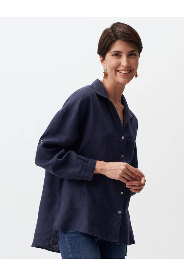 Navy Blue Long Sleeve Linen Shirt - 16