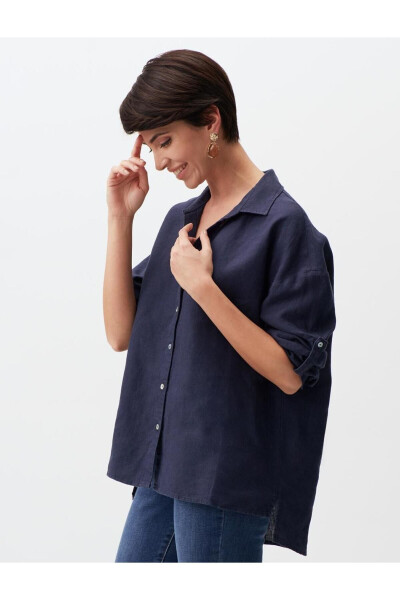 Navy Blue Long Sleeve Linen Shirt - 17