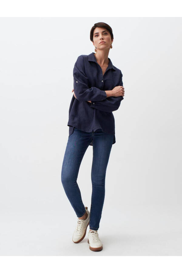 Navy Blue Long Sleeve Linen Shirt - 18