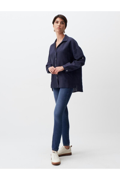 Navy Blue Long Sleeve Linen Shirt - 20