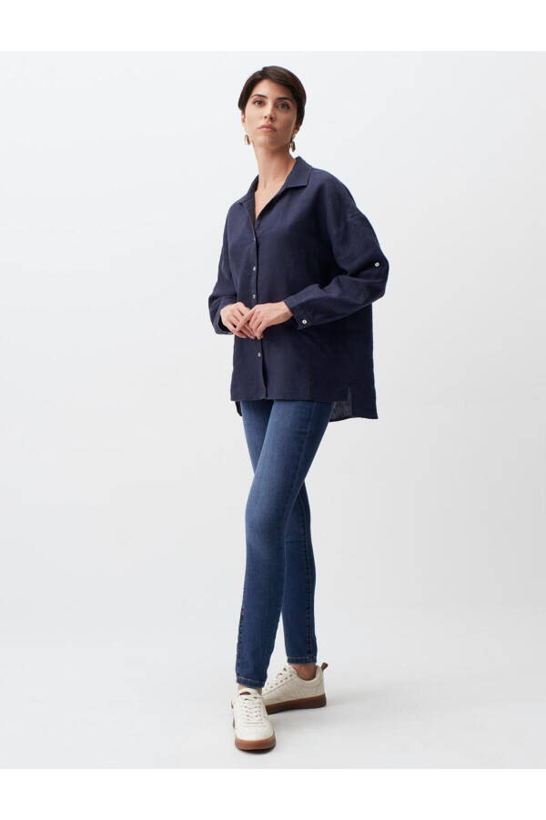 Navy Blue Long Sleeve Linen Shirt - 20