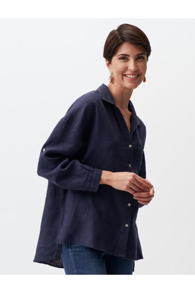 Navy Blue Long Sleeve Linen Shirt - 11