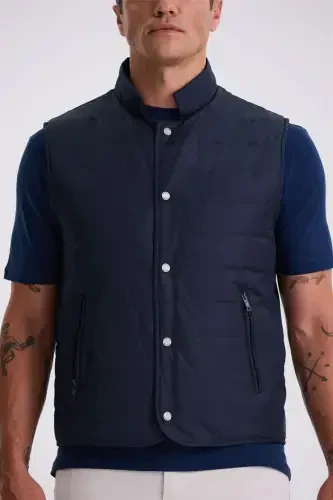 Navy Blue Mandarin Collar Structured Slim Fit Waistcoat - 3