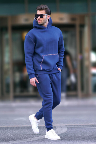 Navy Blue Men's Hooded Sweatsuit with Elastic Hem 7045 - MADMEXT