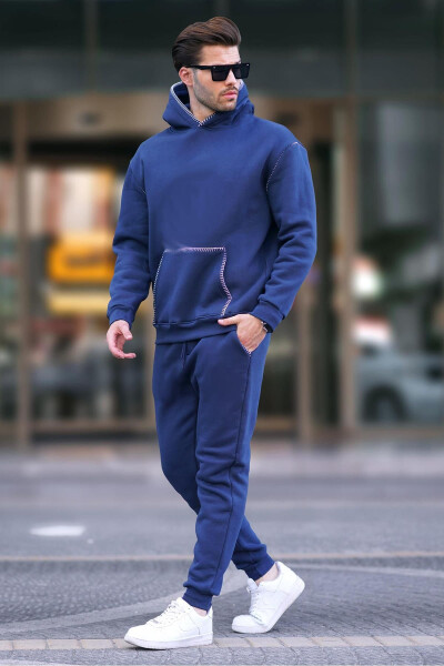 Navy Blue Men's Hooded Sweatsuit with Elastic Hem 7045 - 2