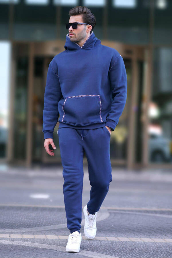 Navy Blue Men's Hooded Sweatsuit with Elastic Hem 7045 - 3