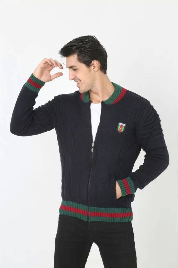 Navy blue men's knitted cardigan with full zipper. - 1