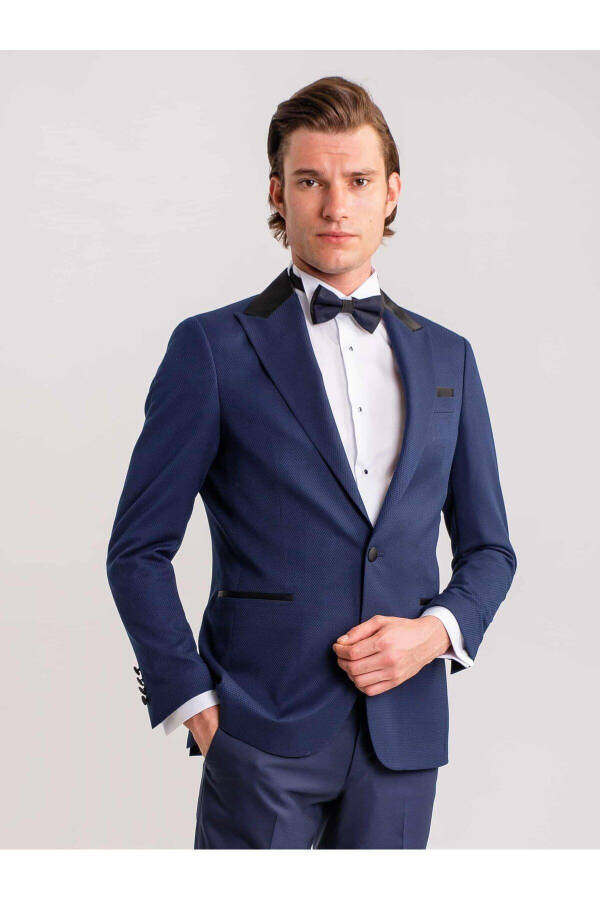 Navy Blue Men's Modern Fit Armored Single Breasted Tuxedo Suit - 61293 - 6