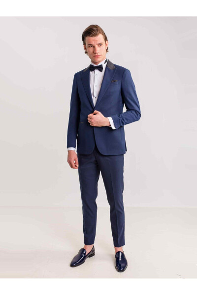 Navy Blue Men's Modern Fit Armored Single Breasted Tuxedo Suit - 61293 - 8