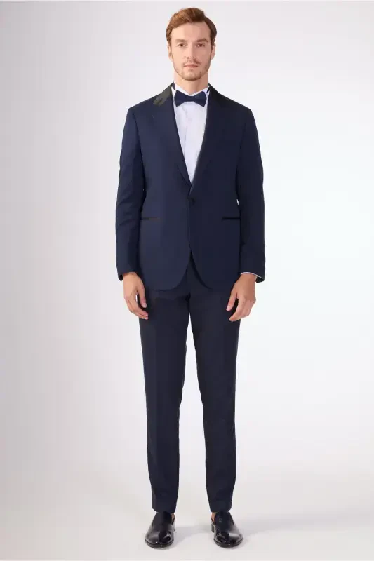 Navy Blue Men's Modern Fit Armored Single Breasted Tuxedo Suit - 61293 - 1