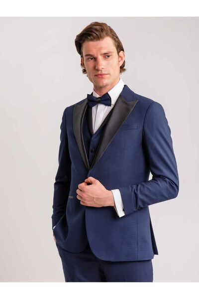 Navy Blue Men's Modern Fit Armored Single-Breasted Tuxedo Suit - 61307 - 11