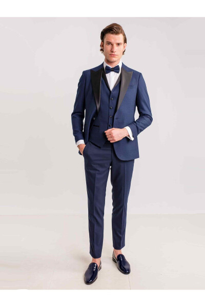 Navy Blue Men's Modern Fit Armored Single-Breasted Tuxedo Suit - 61307 - 7