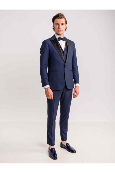 Navy Blue Men's Modern Fit Armored Single-Breasted Tuxedo Suit - 61307 - 8