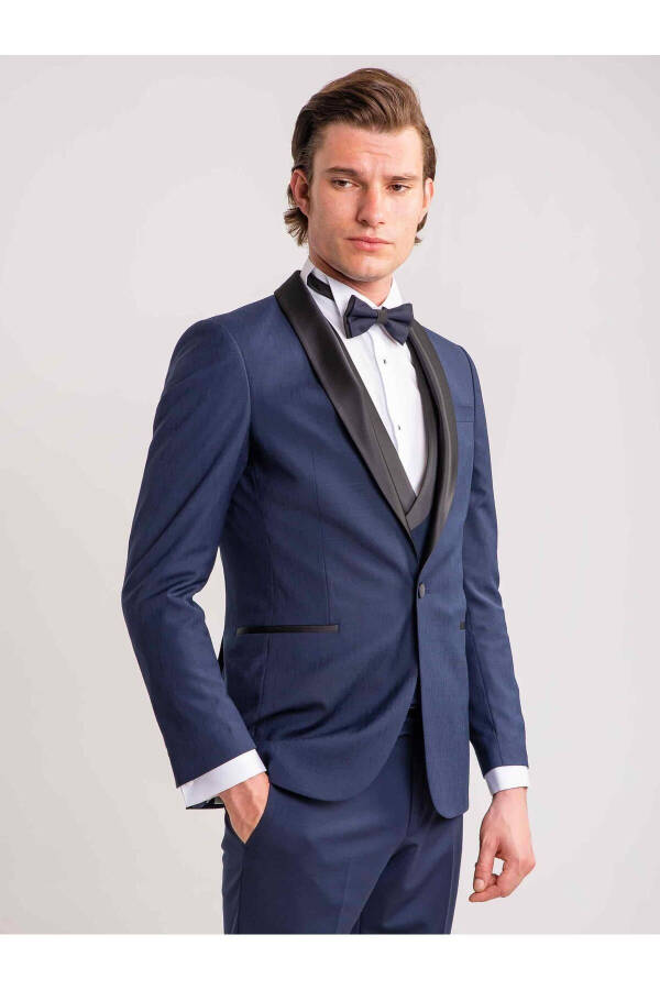 Navy Blue Men's Modern Fit Striped Shawl Collar Tuxedo Suit - 61328 - 9