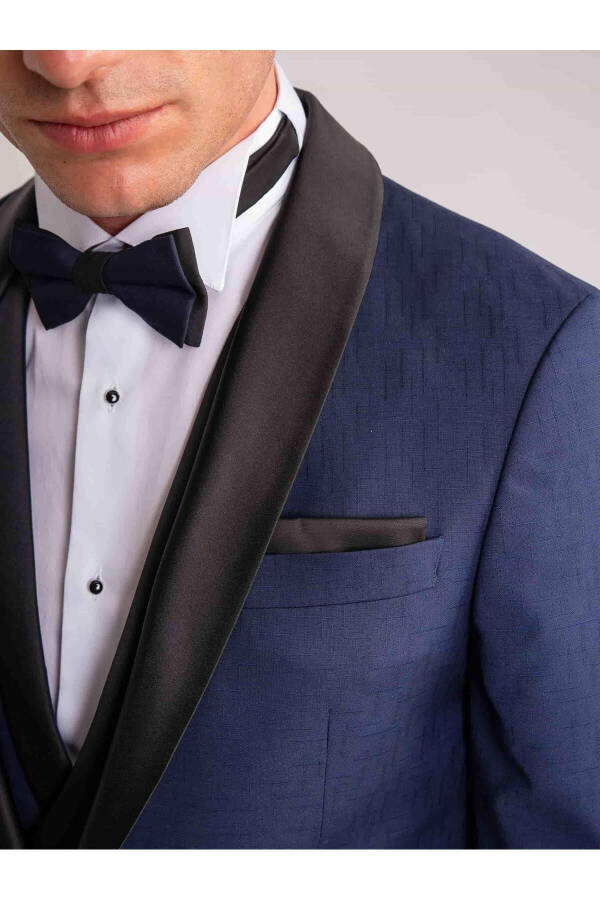 Navy Blue Men's Modern Fit Striped Shawl Collar Tuxedo Suit - 61328 - 10