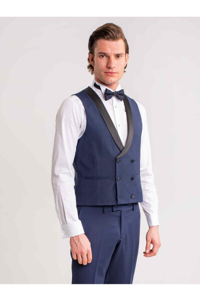 Navy Blue Men's Modern Fit Striped Shawl Collar Tuxedo Suit - 61328 - 5