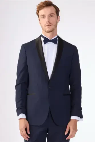 Navy Blue Men's Modern Fit Striped Shawl Collar Tuxedo Suit - 61328 - DUFY (1)