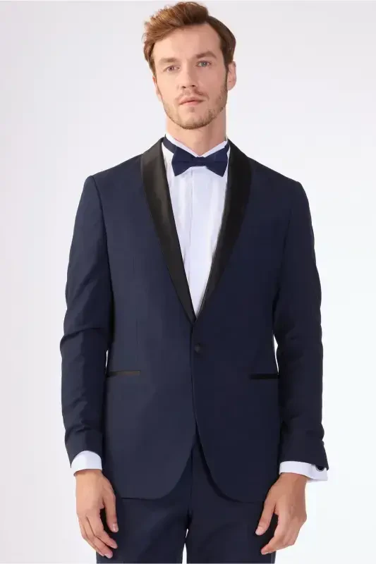 Navy Blue Men's Modern Fit Striped Shawl Collar Tuxedo Suit - 61328 - 2